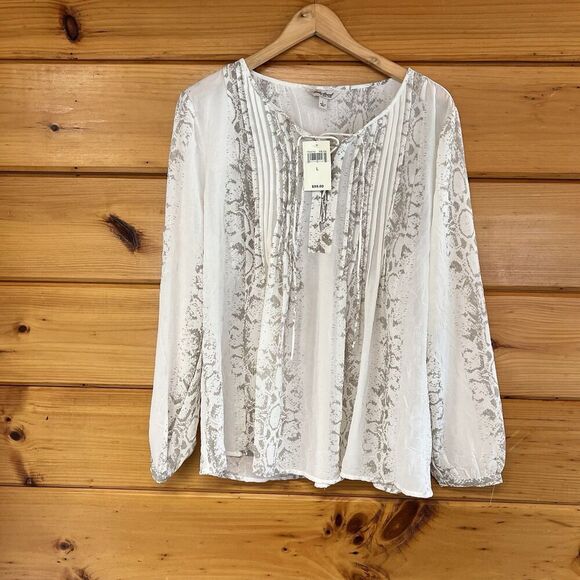 $99 Lucky Brand Lace Up Metallic Top Long Sleeve Blouse Cream & Gold Size L Boho - Picture 4 of 8